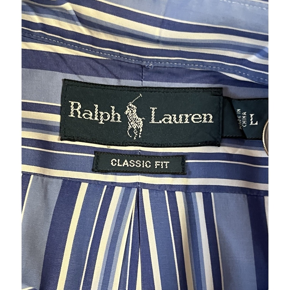 RALPH LAUREN Men's Blue Stripe Classic Fit Long-Sleeve Shirt Button-Down Large - Picture 5 of 6